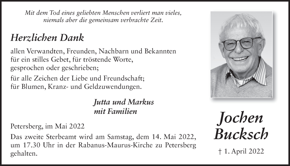  Traueranzeige für Joachim Bucksch vom 12.05.2022 aus FZ