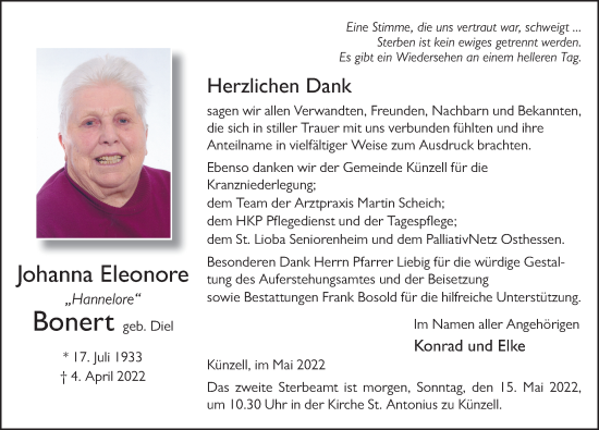 Traueranzeige von Johanna Eleonore Bonert von FZ