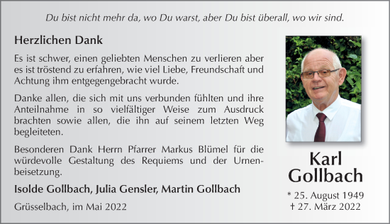 Traueranzeige von Karl Gollbach von FZ
