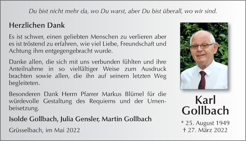  Traueranzeige für Karl Gollbach vom 19.05.2022 aus FZ