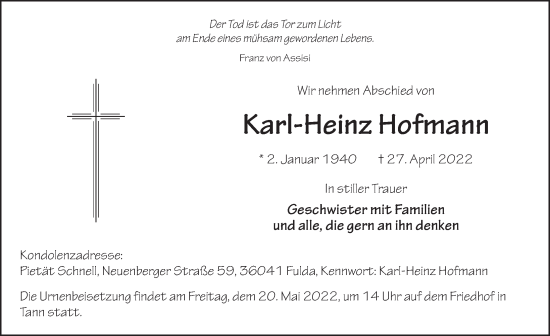 Traueranzeige von Karl-Heinz Hofmann von FZ