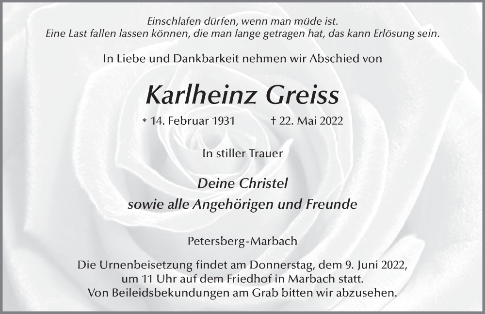  Traueranzeige für Karlheinz Greiss vom 31.05.2022 aus FZ
