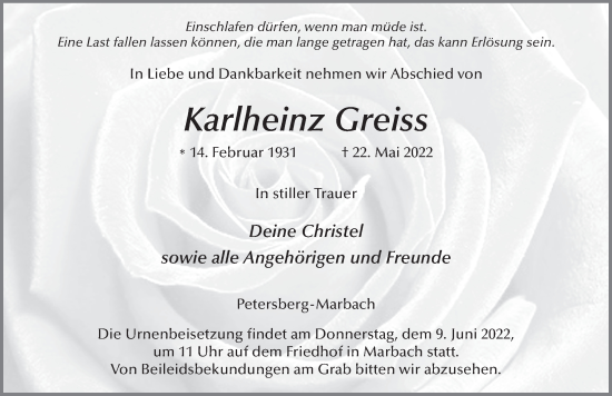 Traueranzeige von Karlheinz Greiss von FZ