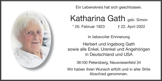 Traueranzeige von Katharina Gath von FZ