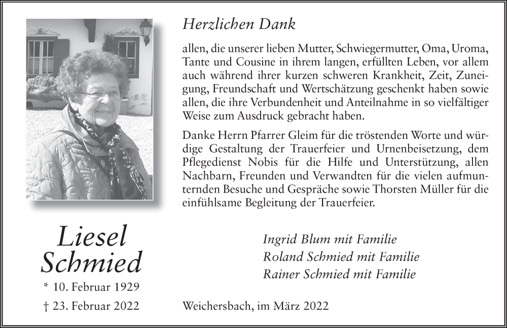  Traueranzeige für Liesel Schmied vom 05.05.2022 aus FZ