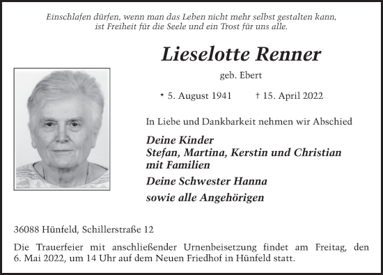 Traueranzeige von Lieselotte Renner von FZ
