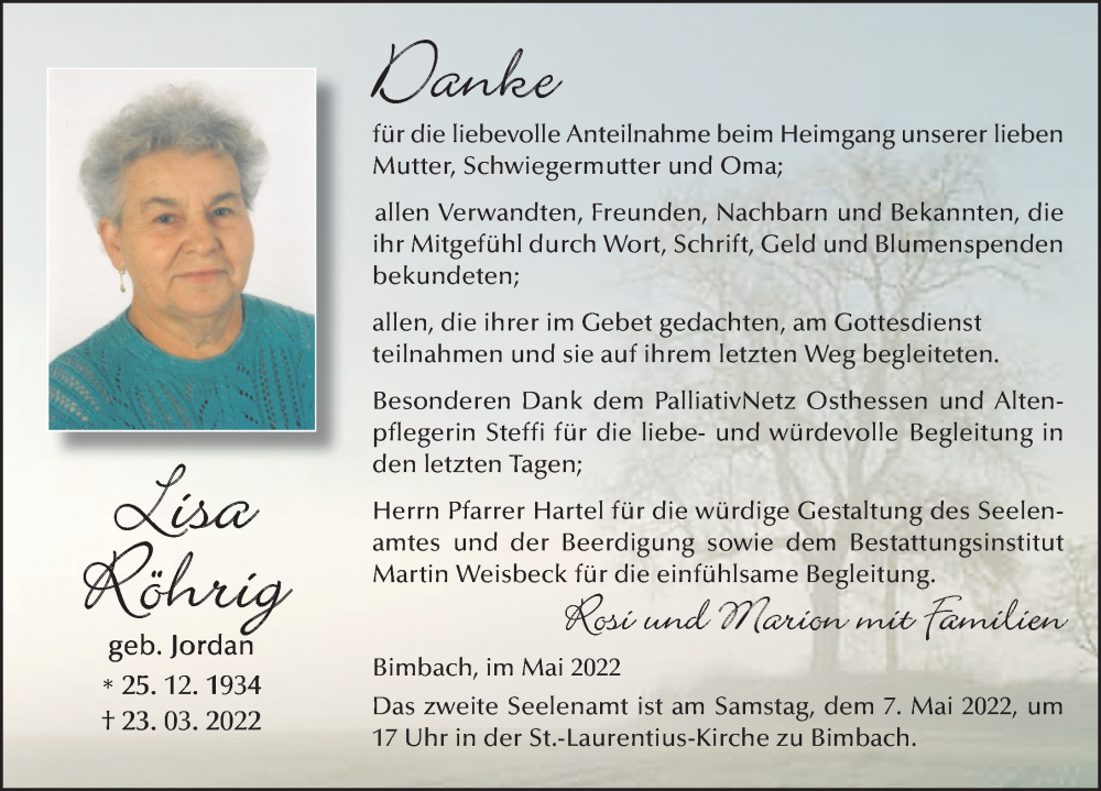  Traueranzeige für Lisa Röhrig vom 05.05.2022 aus FZ