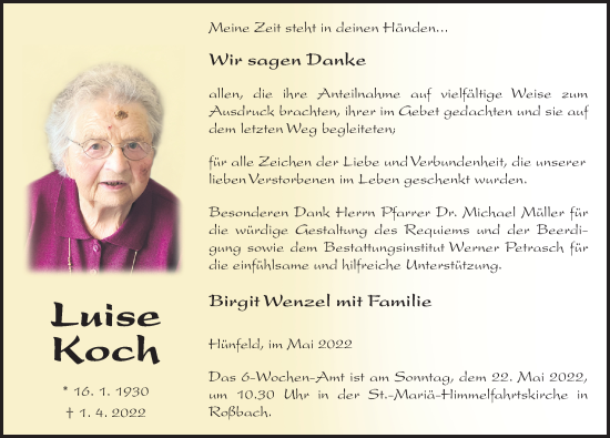 Traueranzeige von Luise Koch von FZ