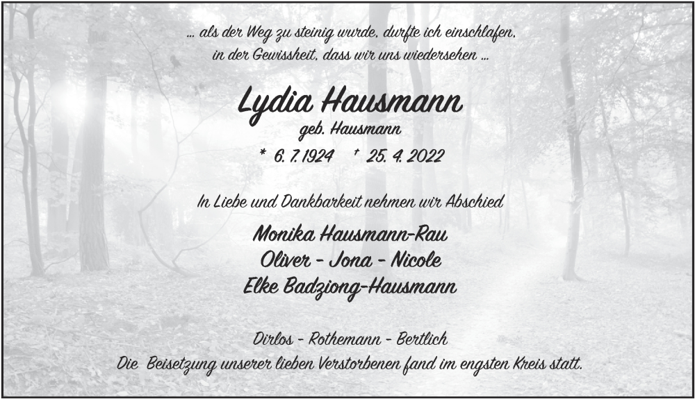  Traueranzeige für Lydia Hausmann vom 28.05.2022 aus FZ