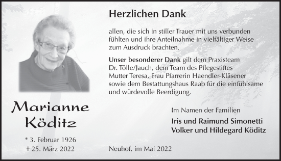 Traueranzeige von Marianne Köditz von FZ
