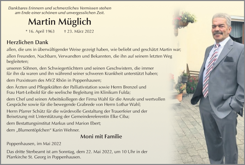  Traueranzeige für Martin Müglich vom 07.05.2022 aus FZ