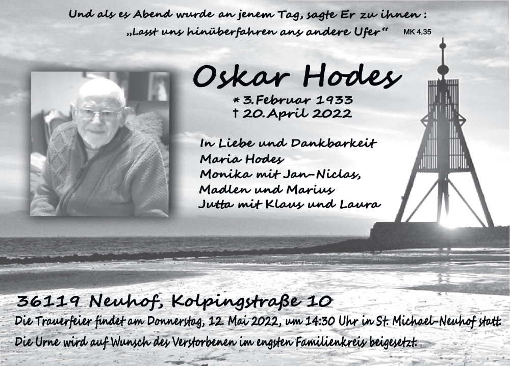 Traueranzeige für Oskar Hodes vom 06.05.2022 aus FZ