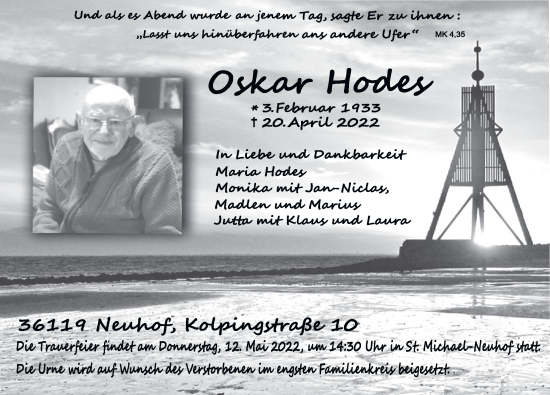 Traueranzeige von Oskar Hodes von FZ