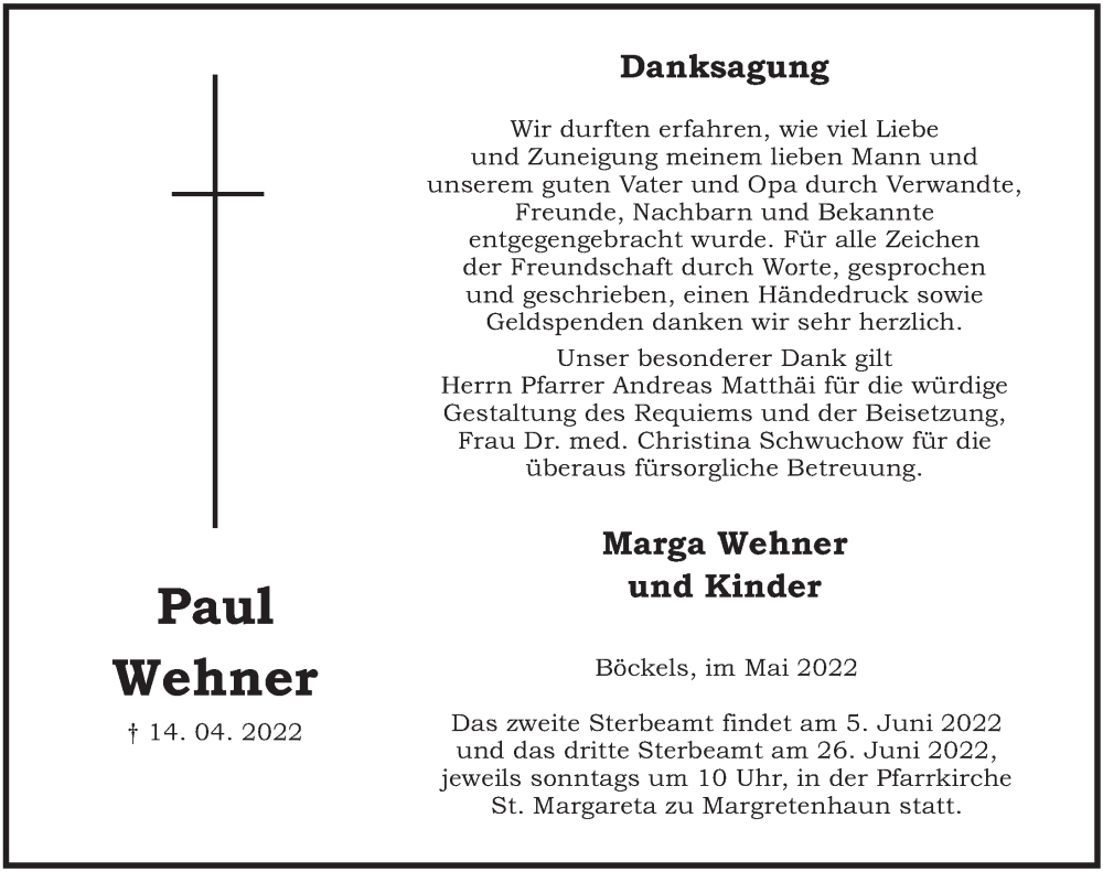  Traueranzeige für Paul Wehner vom 21.05.2022 aus FZ