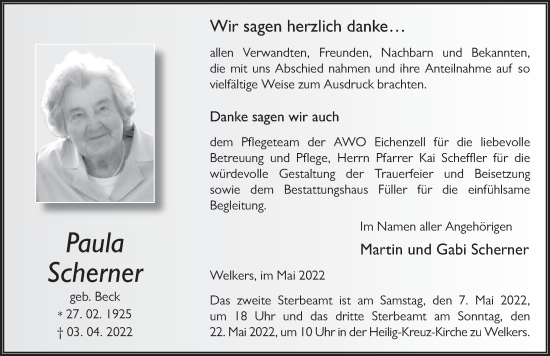 Traueranzeige von Paula Scherner von FZ