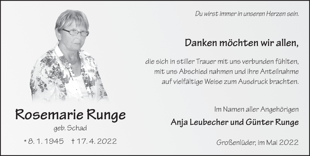  Traueranzeige für Rosemarie Runge vom 13.05.2022 aus FZ