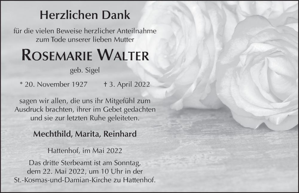  Traueranzeige für Rosemarie Walter vom 20.05.2022 aus FZ