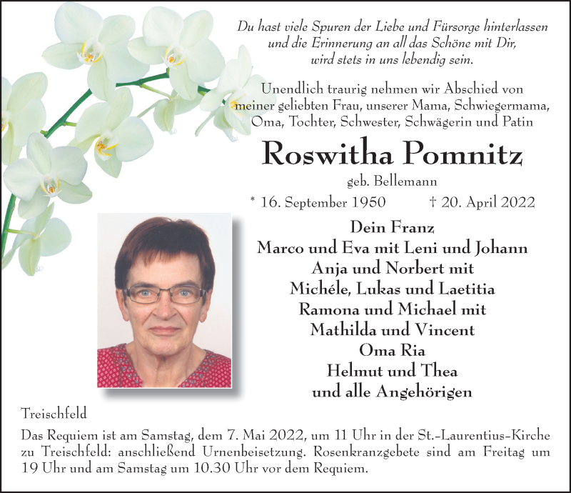  Traueranzeige für Roswitha Pomnitz vom 03.05.2022 aus FZ
