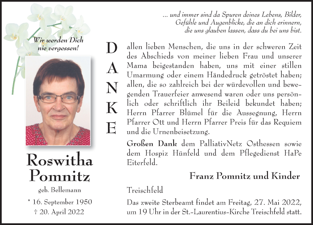  Traueranzeige für Roswitha Pomnitz vom 25.05.2022 aus FZ