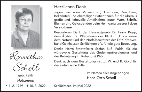 Traueranzeige von Roswitha Scholl von FZ