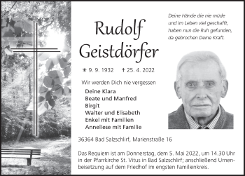 Traueranzeige von Rudolf Geistdörfer von FZ