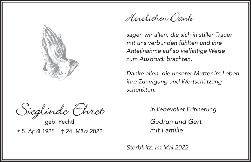  Traueranzeige für Sieglinde Ehret vom 12.05.2022 aus FZ