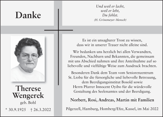 Traueranzeige von Therese Wengerek von FZ