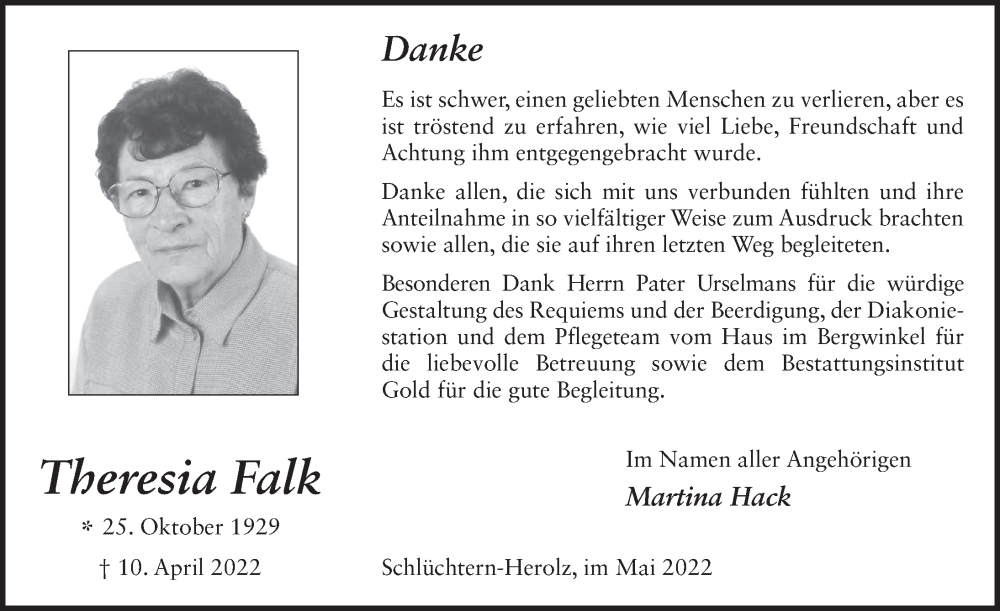  Traueranzeige für Theresia Falk vom 12.05.2022 aus FZ