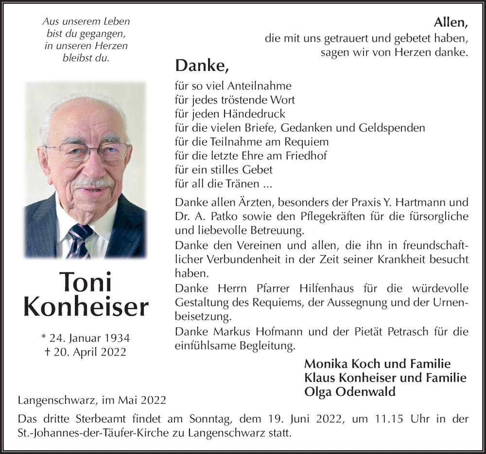  Traueranzeige für Toni Konheiser vom 28.05.2022 aus FZ