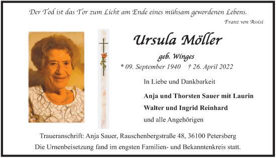 Traueranzeige von Ursula Möller von FZ