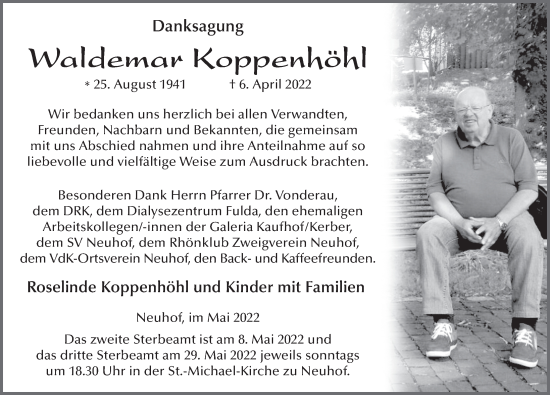Traueranzeige von Waldemar Koppenhöhl von FZ