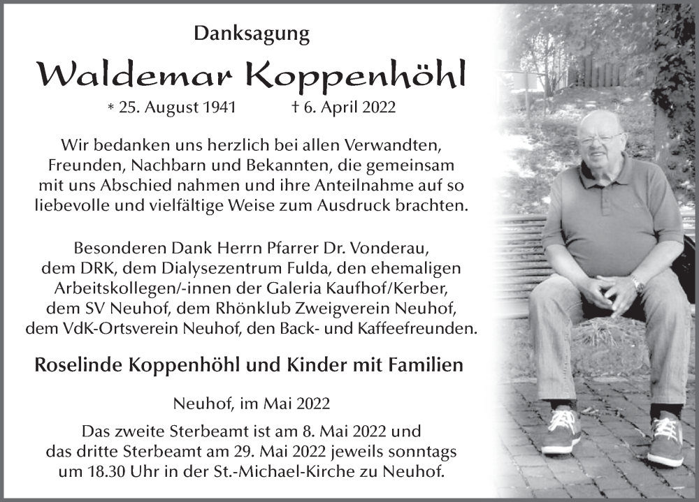  Traueranzeige für Waldemar Koppenhöhl vom 06.05.2022 aus FZ