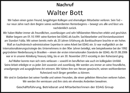 Traueranzeige von Walter Bott von FZ