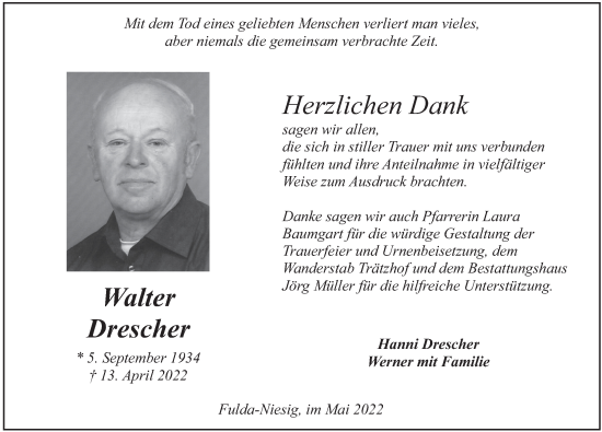 Traueranzeige von Walter Drescher von FZ
