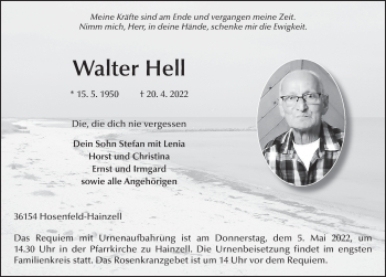 Traueranzeige von Walter Hell von FZ