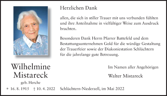 Traueranzeige von Wilhelmine Mistareck von FZ