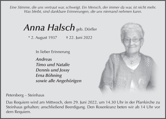 Traueranzeige von Anna Halsch von FZ