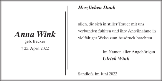 Traueranzeige von Anna Wink von FZ