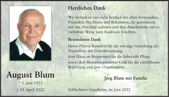 Traueranzeige von August Blum von FZ