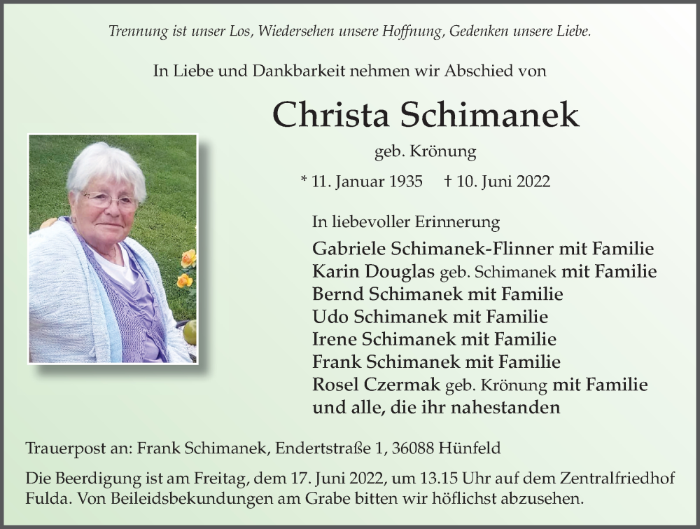  Traueranzeige für Christa Schimanek vom 14.06.2022 aus FZ