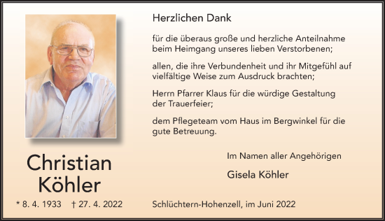 Traueranzeige von Christian Köhler von FZ