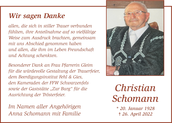 Traueranzeige von Christian Schomann von FZ