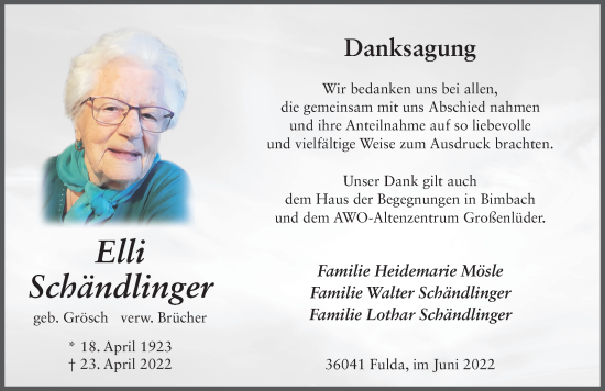 Traueranzeige von Elli Schändlinger von FZ