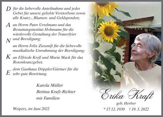 Traueranzeige von Erika Kraft von FZ