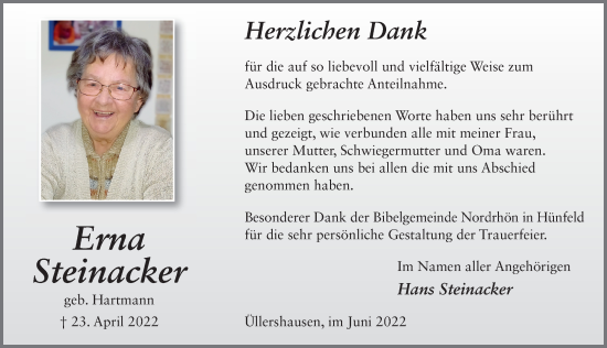 Traueranzeige von Erna Steinacker von FZ