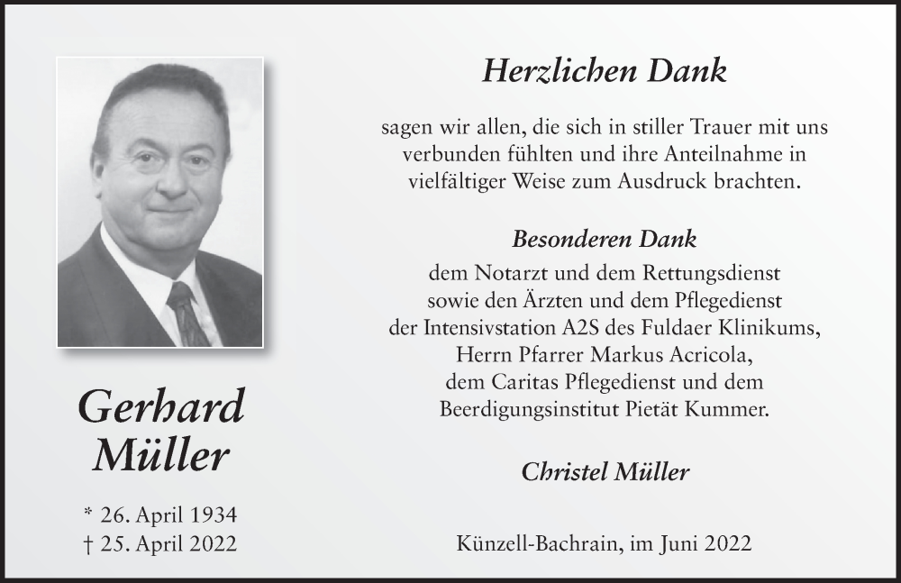  Traueranzeige für Gerhard Müller vom 14.06.2022 aus FZ