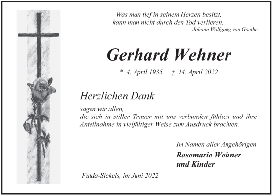 Traueranzeige von Gerhard Wehner von FZ