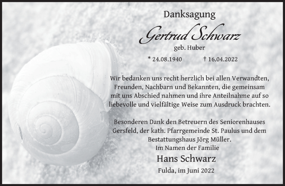  Traueranzeige für Gertrud Schwarz vom 20.06.2022 aus FZ