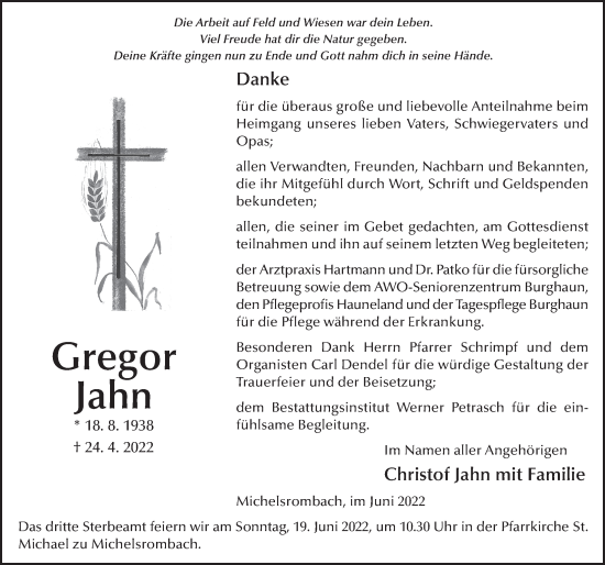 Traueranzeige von Gregor Jahn von FZ