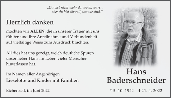 Traueranzeige von Hans Baderschneider von FZ